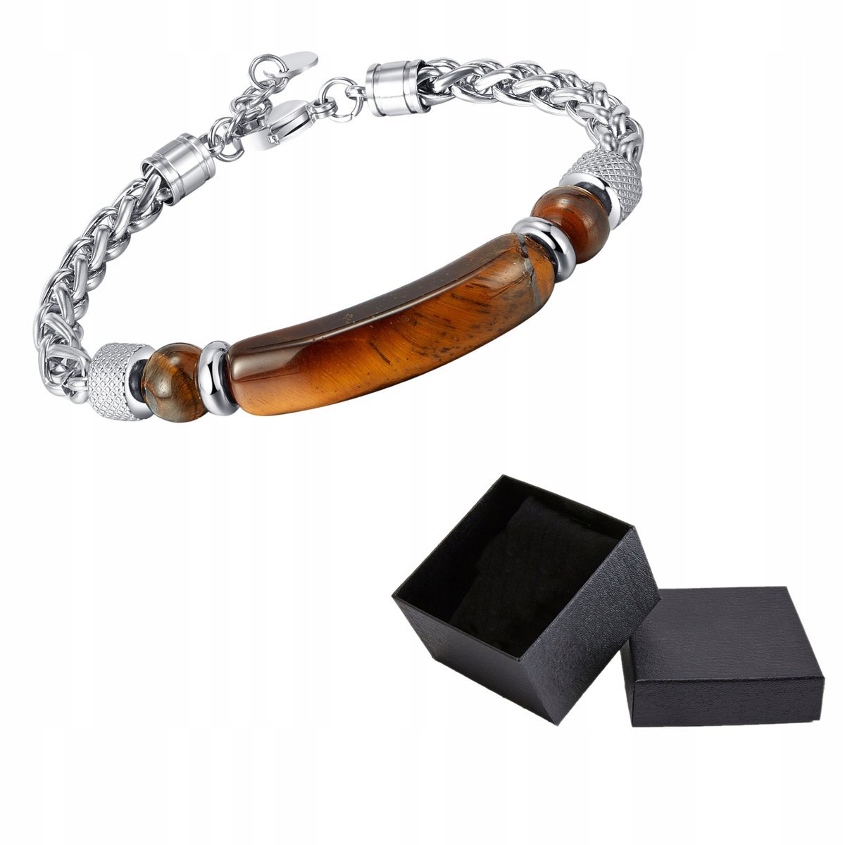 Bransoletka Srebrna Łańcuszek Stal Chirurgiczna Kamień Tygrysie Oko Pudełko