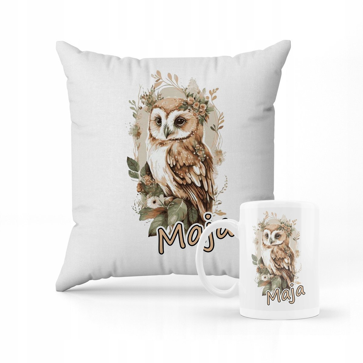ZESTAW PODUSZKA + KUBEK Prezent SOWA OWL Las Zwierzak + IMIĘ #2