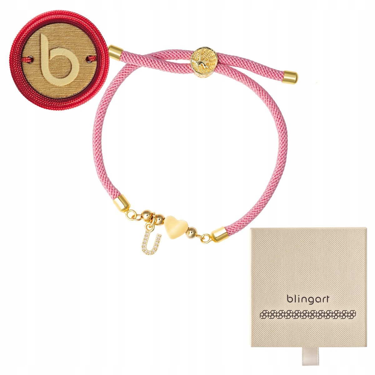 Bransoletka sznurkowa LITERKI serduszko RÓŻOWA regulowana LITERA BLINGART