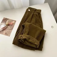 Spodnie damskie - Sztruksowe spodnie typu baggy - Khaki XL - miniaturka - grafika 1