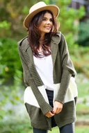 Swetry damskie - Dwukolorowy Kardigan z Kapturem - Khaki - miniaturka - grafika 1