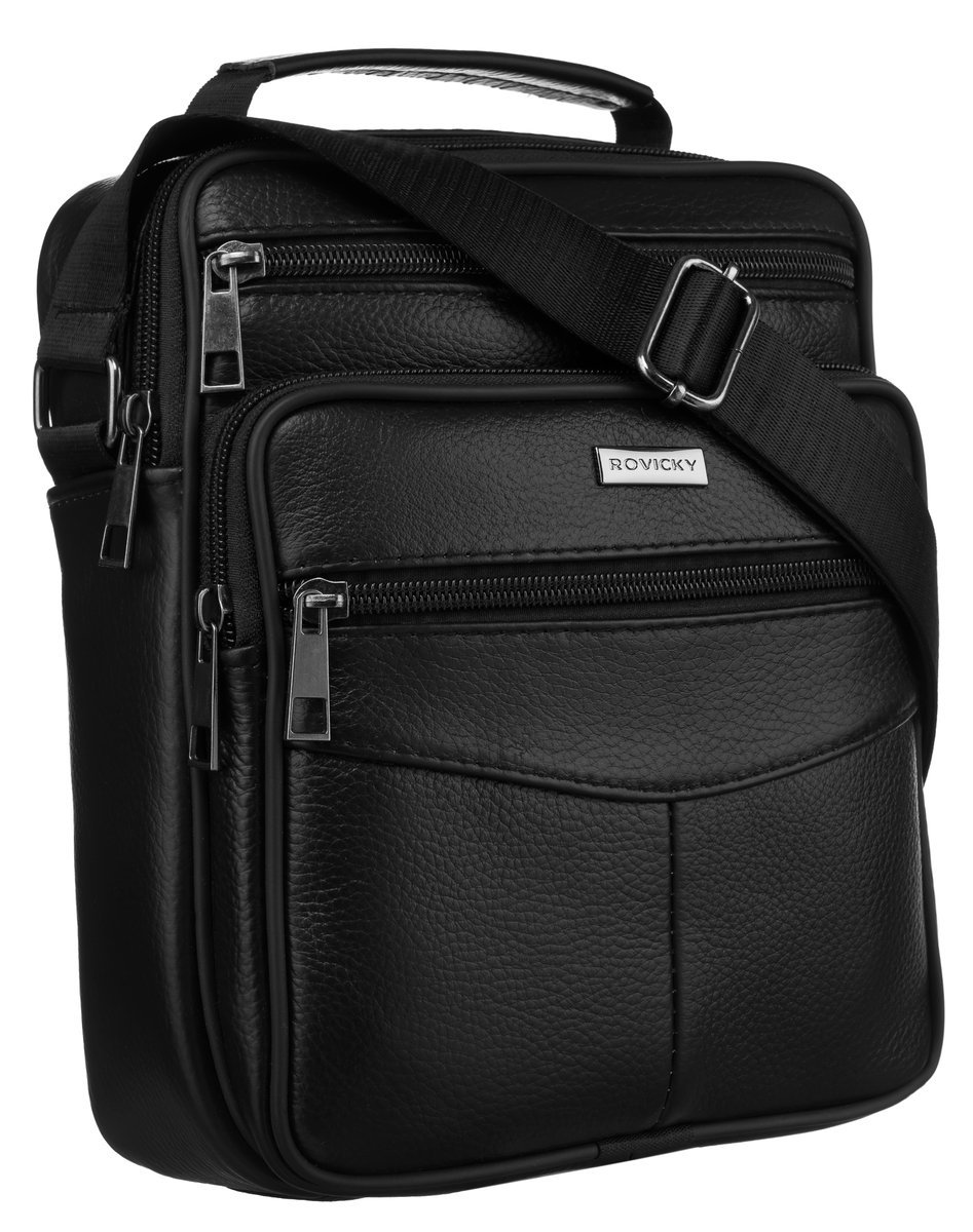 Czarna męska listonoszka ze skóry naturalnej ROVICKY mała torebka na ramie miejska saszetka lekka kieszonki uchwyt do ręki długi regulowany pasek