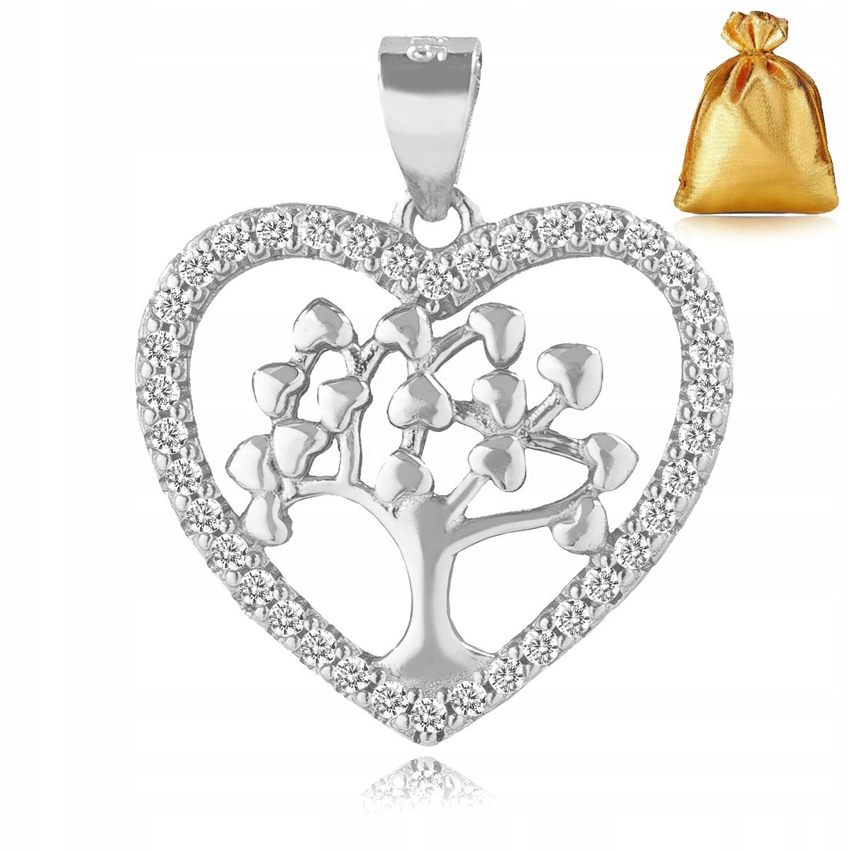 WISIOREK SREBRNY NA ŁAŃCUSZEK 925 SERCE DRZEWKO SZCZĘŚCIA CYRKONIE DLA NIEJ