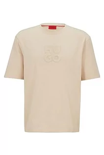 Koszulki męskie - HUGO Męski T-shirt Dleek Relaxed-Fit z bawełny z logo Stack, Light Beige275, M - grafika 1