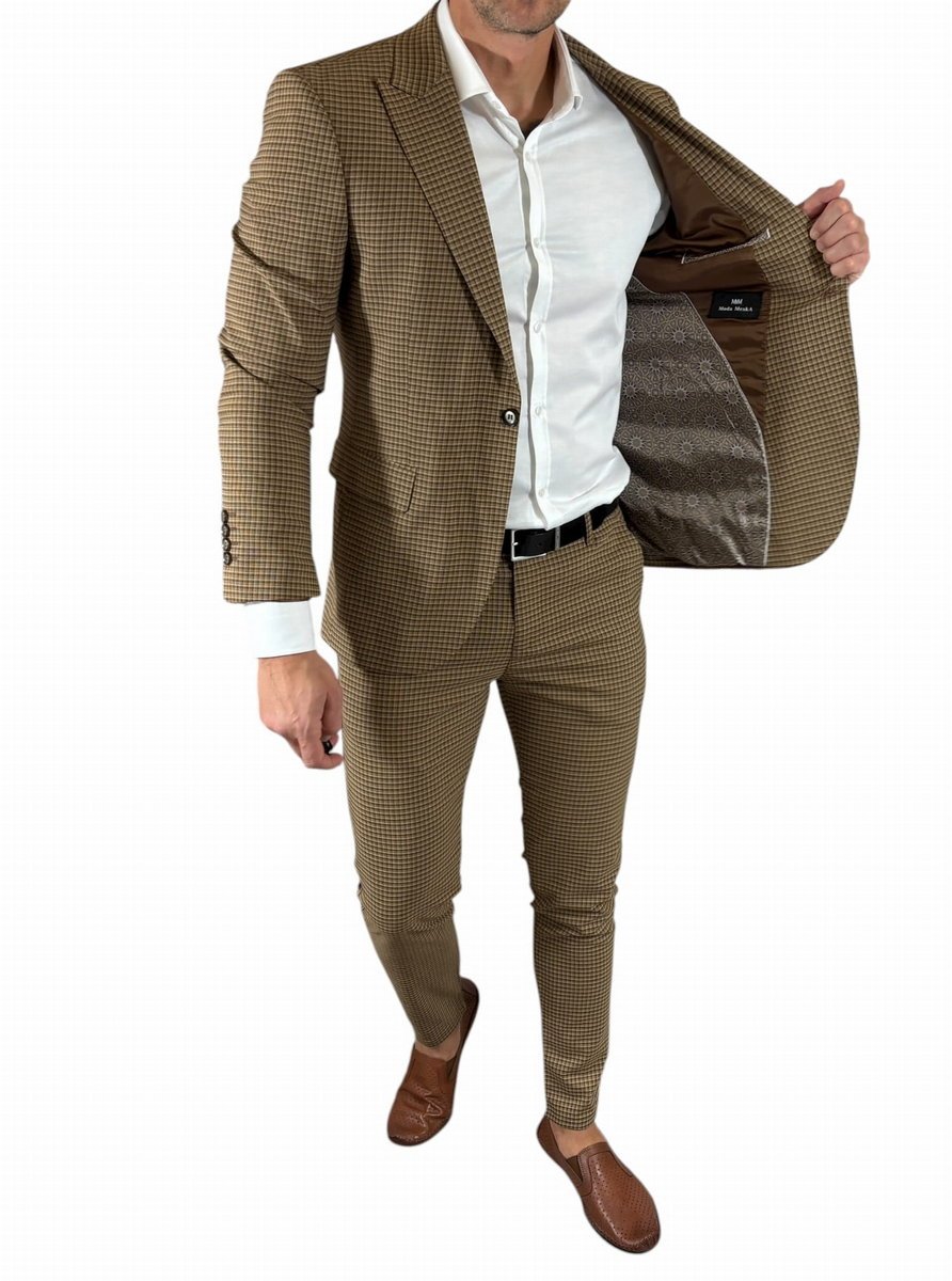 Garnitur męski dwuczęściowy komplet brązowy drobna kratka DJG21 58