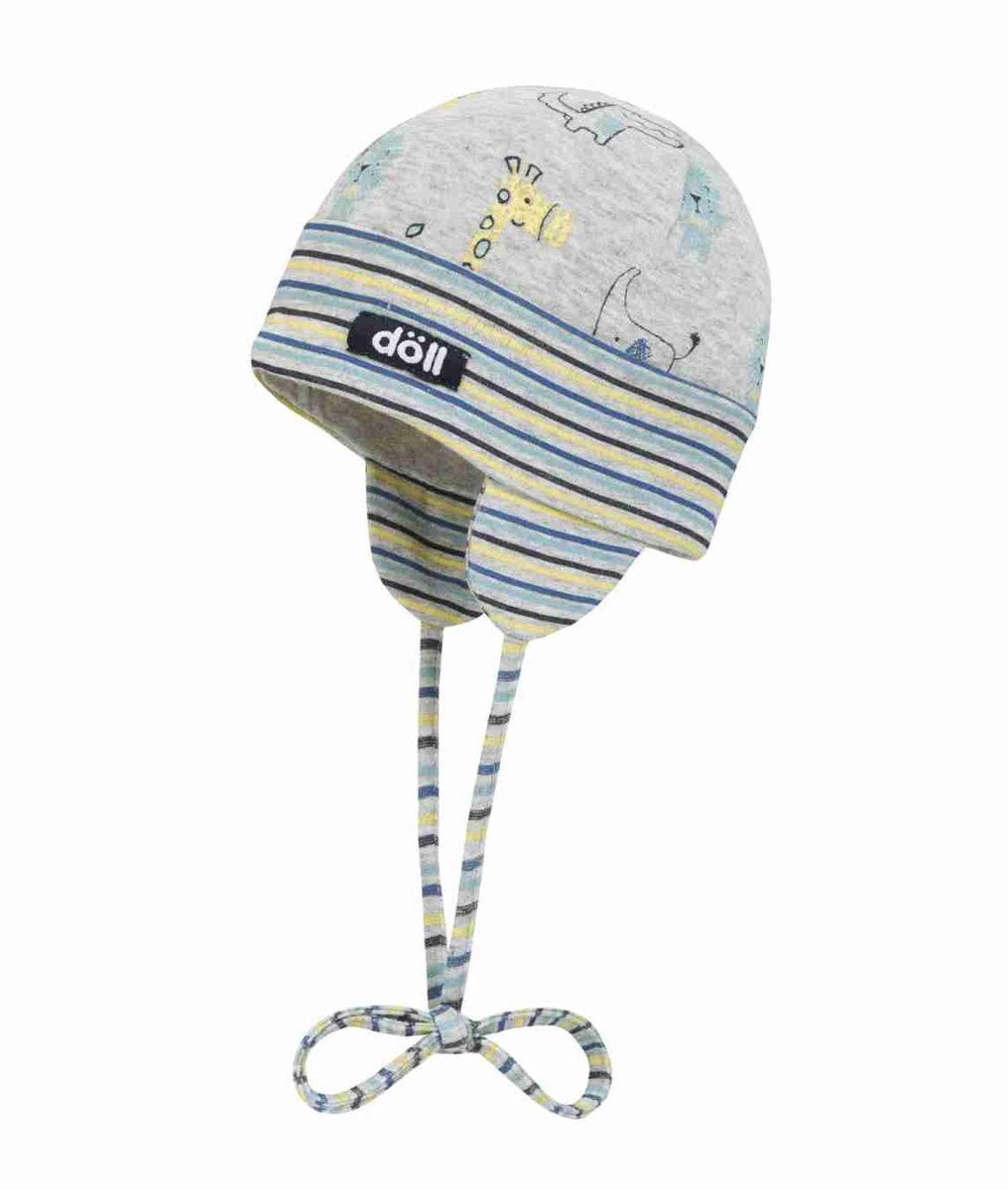 Czapka niemowlęca, szara, wiązana, paski, zwierzęta, Döll