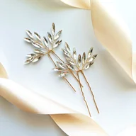 Ozdoby do włosów - Złoty duet ozdobnych szpilek do włosów wsuwki kokówki ślubne listki gałązki - miniaturka - grafika 1