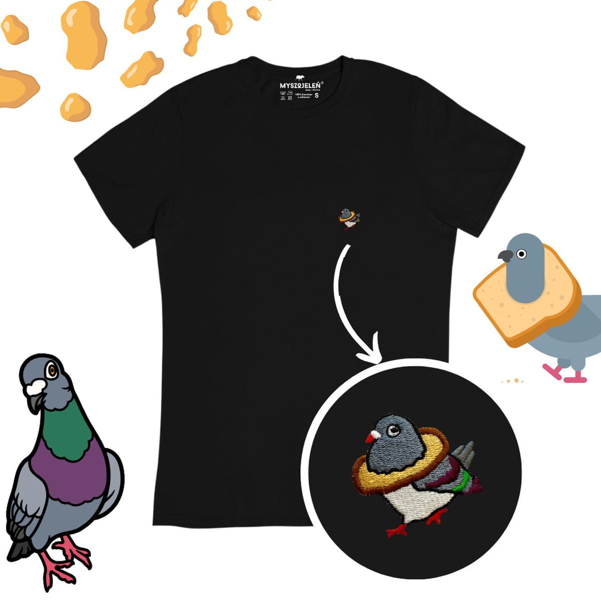 Haftowany T-shirt - GOŁĄB Z CHLEBEM - czarny XL