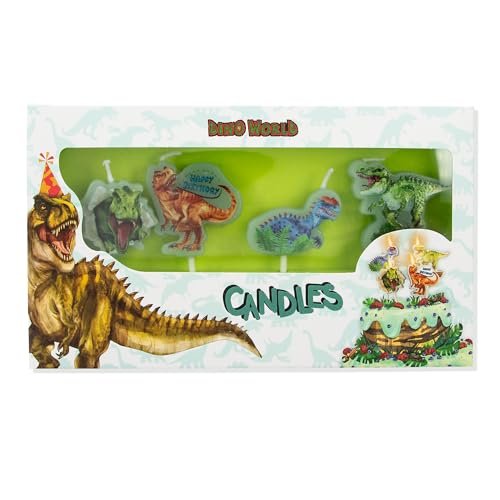 Depesche 11749 Dino World - zestaw świeczek urodzinowych z 4 świeczkami wykonanymi z zielonego wosku, z fajnymi motywami dinozaurów