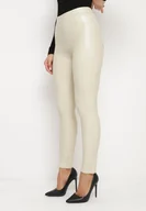 Legginsy - Jasnobeżowe Legginsy z Ekoskóry z Wysokim Stanem i Imitacją Kieszeni Merievia - miniaturka - grafika 1