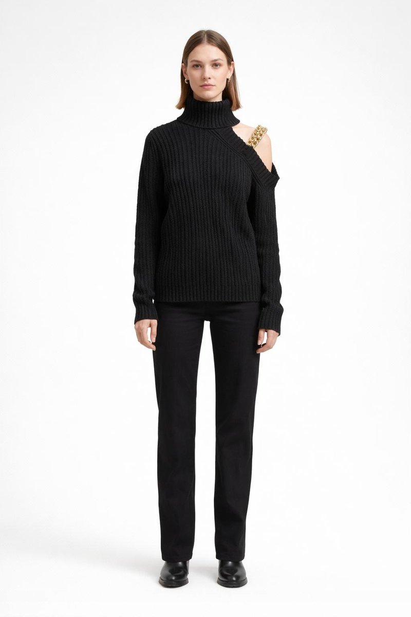 KAREN MILLEN CZARNY SWETER Z GOLFEM I ASYMETRYCZNYM DEKOLTEM M B1A