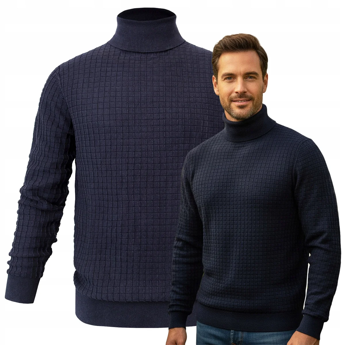 Klasyczny SWETER Męski z GOLFEM Strukturalny Bawełniany GRANATOWY Pako Jeans Klasyczny SWETER Męski z GOLFEM Strukturalny Bawełna GRANAT XL Pako Jeans