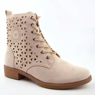 Botki damskie - JEZZI ASA62-116 Botki damskie ażurowe płaski obcas zamszowe beżowe - miniaturka - grafika 1