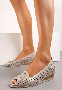 Złote Półbuty Peep Toe na Koturnie ze Skórzaną Wkładką i Ażurową Cholewką Virgilia - Półbuty damskie - miniaturka - grafika 1