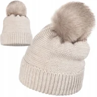 Czapki damskie - CZAPKA DAMSKA ZIMOWA JESIENNA ZIMOWA z Pomponem Polska Marka MAJKA BEŻOWY - miniaturka - grafika 1