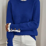 Swetry damskie - TEMU Elegancki damski sweter z koronkowym wykończeniem - długi rękaw, okrągły dekolt, rozciągliwa tkanina, plisowane brzegi, odzież casual do - miniaturka - grafika 1