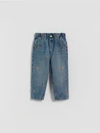 Spodnie i spodenki dla dziewczynek - Reserved - Jeansy paperbag z haftem - niebieski - miniaturka - grafika 1