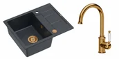 Zlewozmywaki z baterią - Quadron Unique Zlewozmywak granitowy jednokomorowy 62*50*22 cm z ociekaczem MORGAN 116 BLACK DIAMOND z syfonem Push-2-Open w kolorze miedzianym z baterią RACHEL kolor miedziany - miniaturka - grafika 1