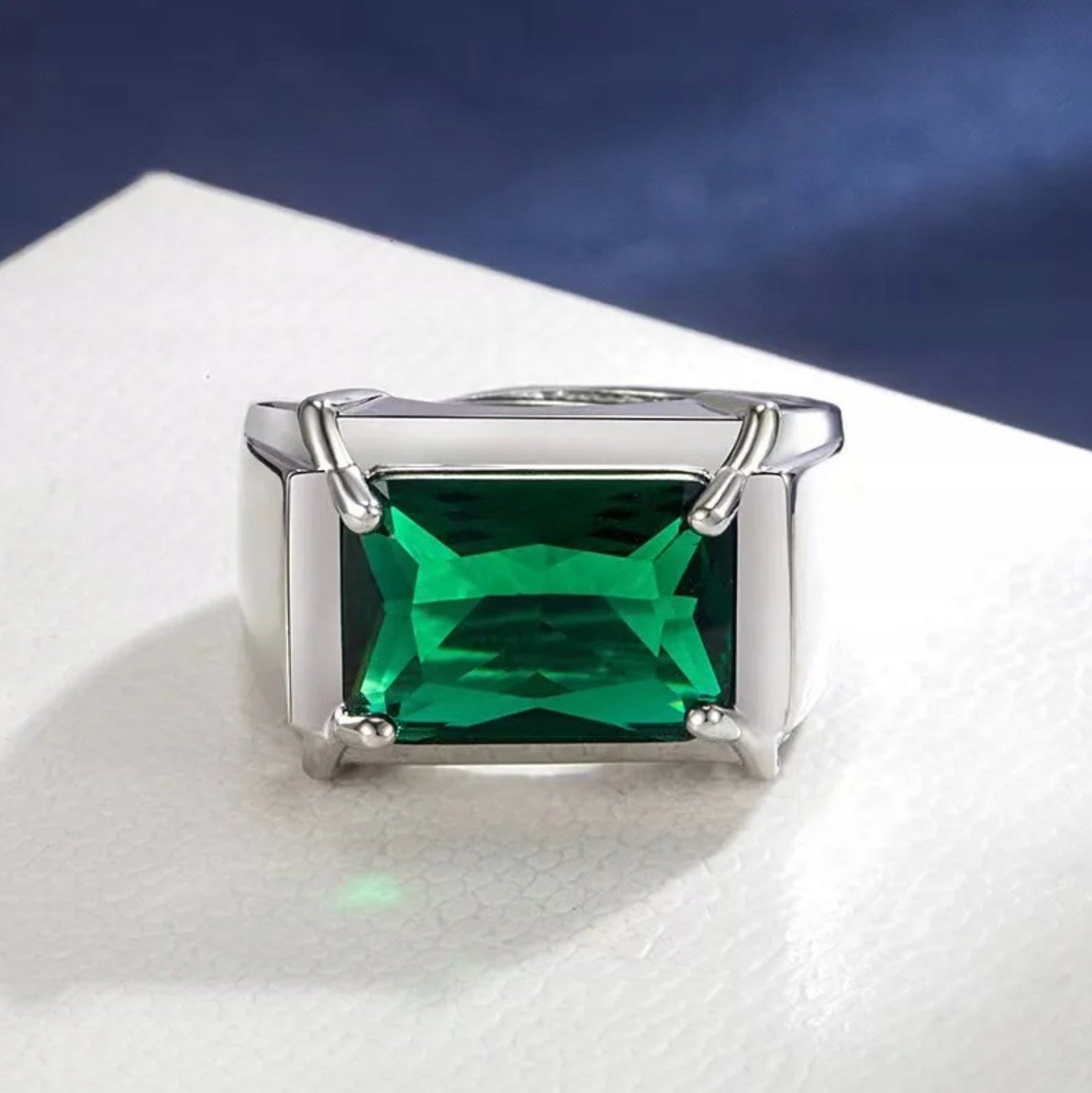 Srebrny Sygnet ze Szmaragdem Bagietka Regulowany Rozmiar Stal Szlachetna