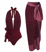 Stroje kąpielowe - Jednoczęściowy Strój Kąpielowy Kwiaty Szyfonowa Spódnica Bordowy L - miniaturka - grafika 1