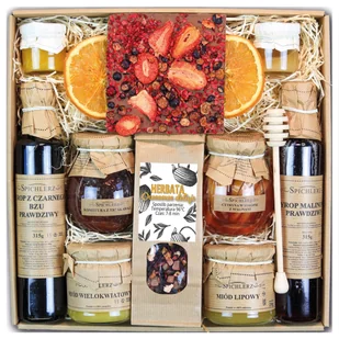 Kosz ZESTAW PREZENTOWY Box Prezent Miód Herbata Konfitura Czekolada KRAFT - Zestawy upominkowe - miniaturka - grafika 1