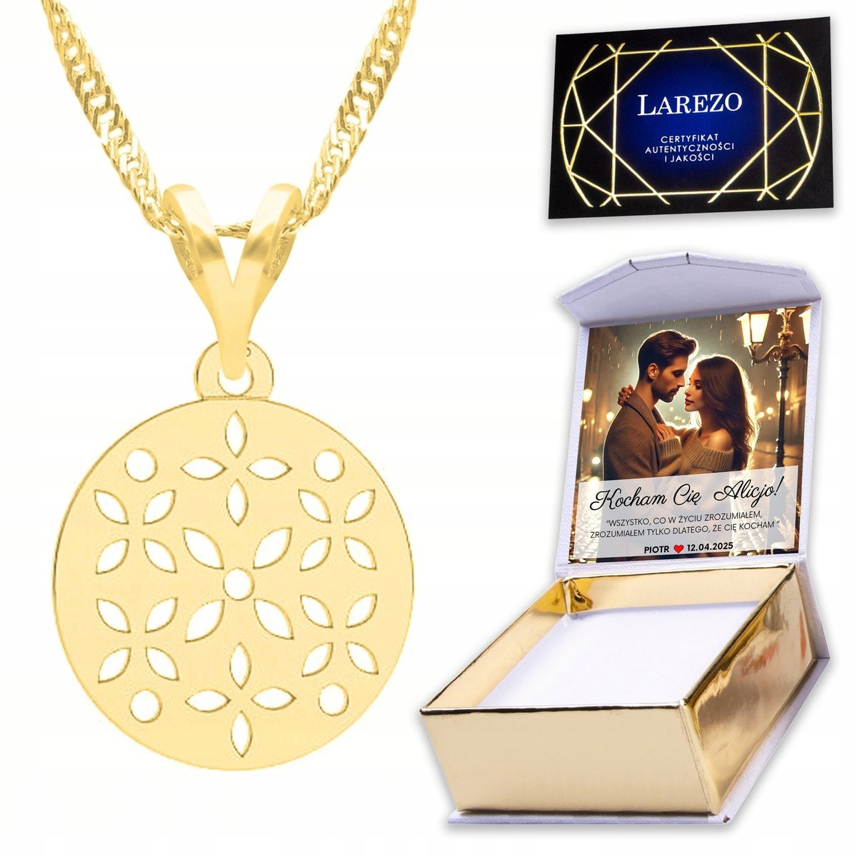 Złoty Naszyjnik 925 z Kwiatem Kwiatkiem Flower Kwiat Kwiatek + NADRUK