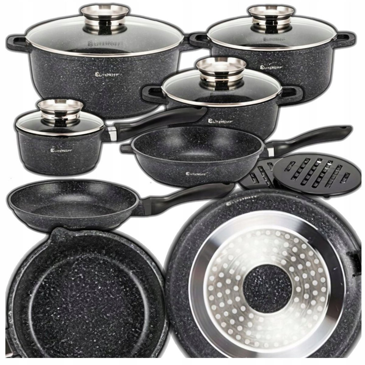 KOMPLET GARNKÓW MARMUROWYCH 14el ZESTAW GARNKÓW DO ZAPIEKANIA AROMA KNOB XL