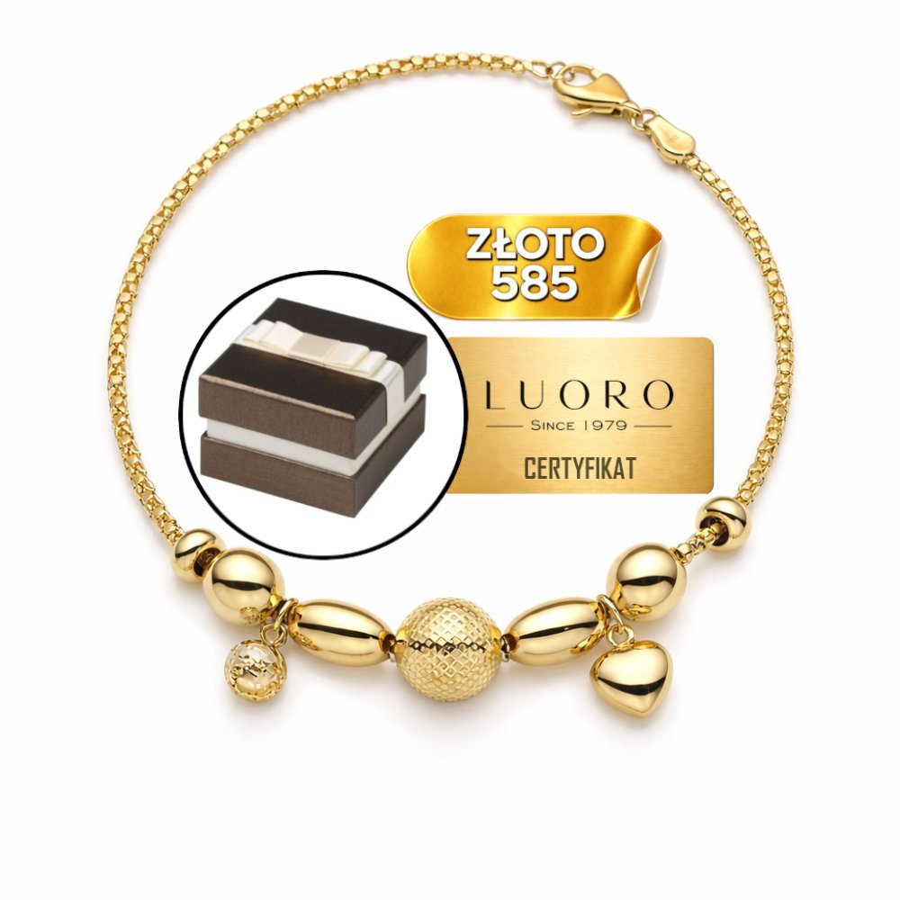 Bransoletka złota 585 14K kuleczki serce diamentowana 20 CM elegancka