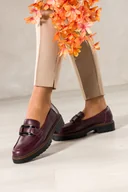 Mokasyny damskie - Bordowe mokasyny skórzane damskie Sergio Leone na bieżnikowanej podeszwie czarna ozdoba na cholewce NP74833-H - miniaturka - grafika 1