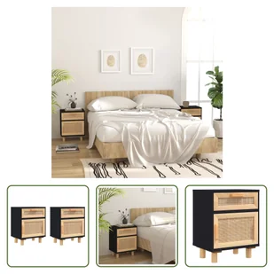 The Living Store Szafki nocne 2 szt. czarna lita sosna i naturalny rattan - Szafki nocne The Living Store Szafki nocne 2 szt. czarna lita sosna i naturalny rattan - Szafki nocne - miniaturka - grafika 1