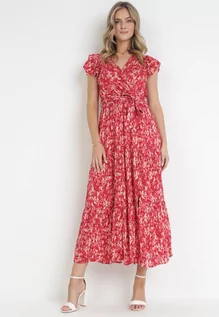 Sukienki - Czerwona Rozkloszowana Sukienka Maxi z Wiskozy Cellen - grafika 1