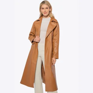 Skórzany damski płaszcz z paskiem brązowy - Płaszcze damskie Skórzany damski płaszcz z paskiem brązowy - Płaszcze damskie - miniaturka - grafika 1