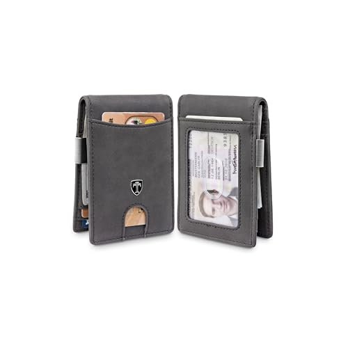 TRAVANDO Atlanta męski portfel z klipsem na pieniądze z kieszenią przednią, wąska blokada RFID, etui na karty kredytowe, mini składany (skóra zamszowa, szary)
