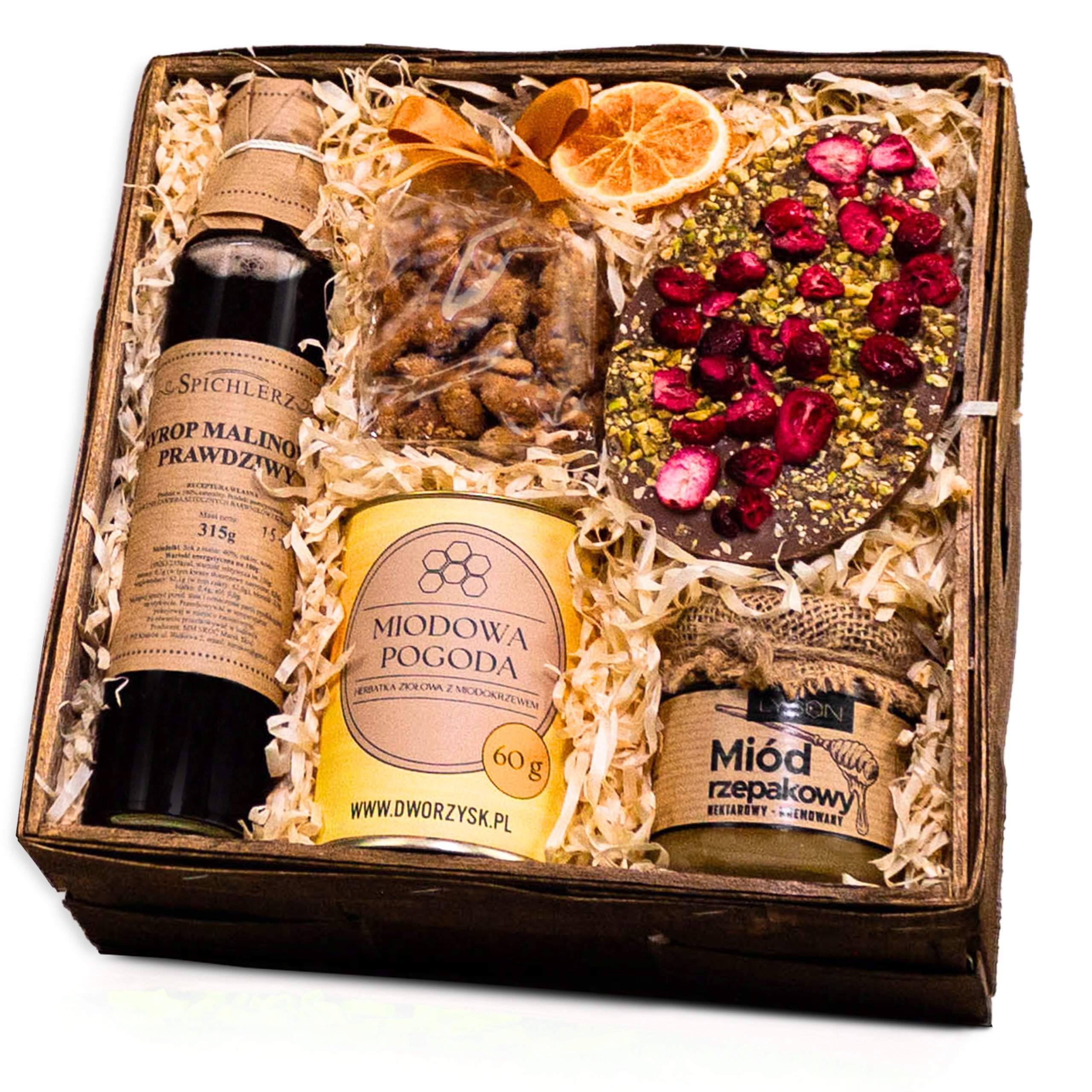Kosz Prezentowy na Wielkanoc syrop Herbata Miodowa czekolada miód