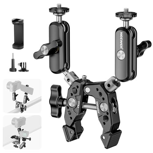 NEEWER Wytrzymały super zacisk z dwoma magicznymi ramionami z podwójną głowicą kulową 360°, gwinty 1/10.2 cm 3/20.3 cm, adapter do montażu na telefonie i kamerze sportowej do płaskiej/okrągłej