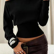 Bluzki damskie - TEMU Bluzka Damska z Odkrytymi Ramionami/Jednoramienna - Krótka, H-Line, Regular Fit, z Opadającymi Rękawami, Jednokolorowa, Elegancka Koszula na - miniaturka - grafika 1