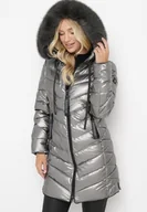 Kurtki damskie - Srebrna Pikowana Kurtka z Kapturem Ozdobionym Futerkiem Kavenna - miniaturka - grafika 1