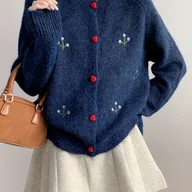 Swetry damskie - TEMU Jesień/ Japońsko-Koreański Styl Elegancki Casual Okrągły Dekolt Kwiatowy Haft Długi Rękaw Miękki Sweter Kardigan Płaszcz Damski - miniaturka - grafika 1