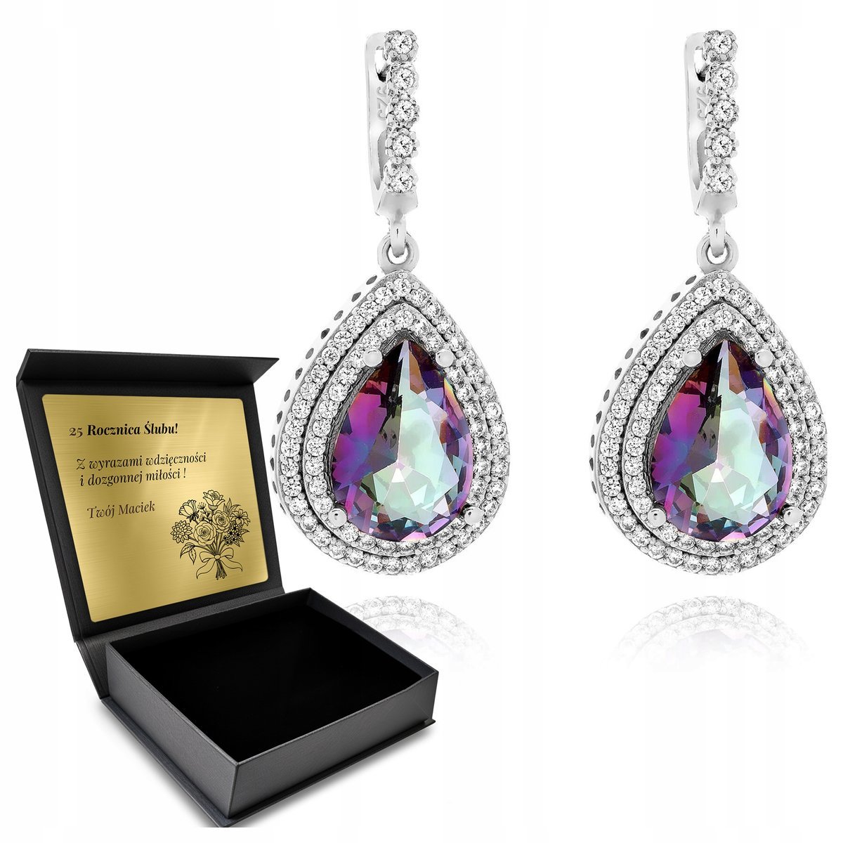 Kolczyki Srebrne 925 Cyrkonie I Topaz Biżuteria Dla Kobiety + Grawer