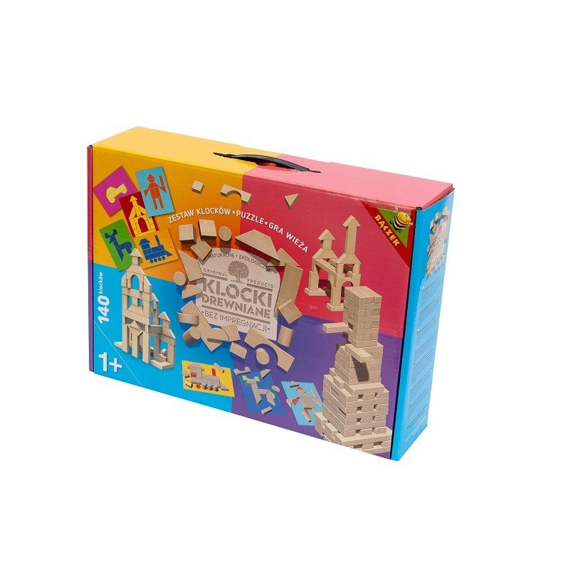 ZESTAW W DUŻYM PUDEŁKU KLOCKÓW DREWNIANYCH