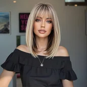 Pozostałe akcesoria fryzjerskie - TEMU Peruka z Prostymi Białymi Blond Włosami o Długości 14 Cali z Grzywką dla Kobiet, Elegancka i , Idealna na Codzień i Imprezy, Syntetyczna Peruka - miniaturka - grafika 1