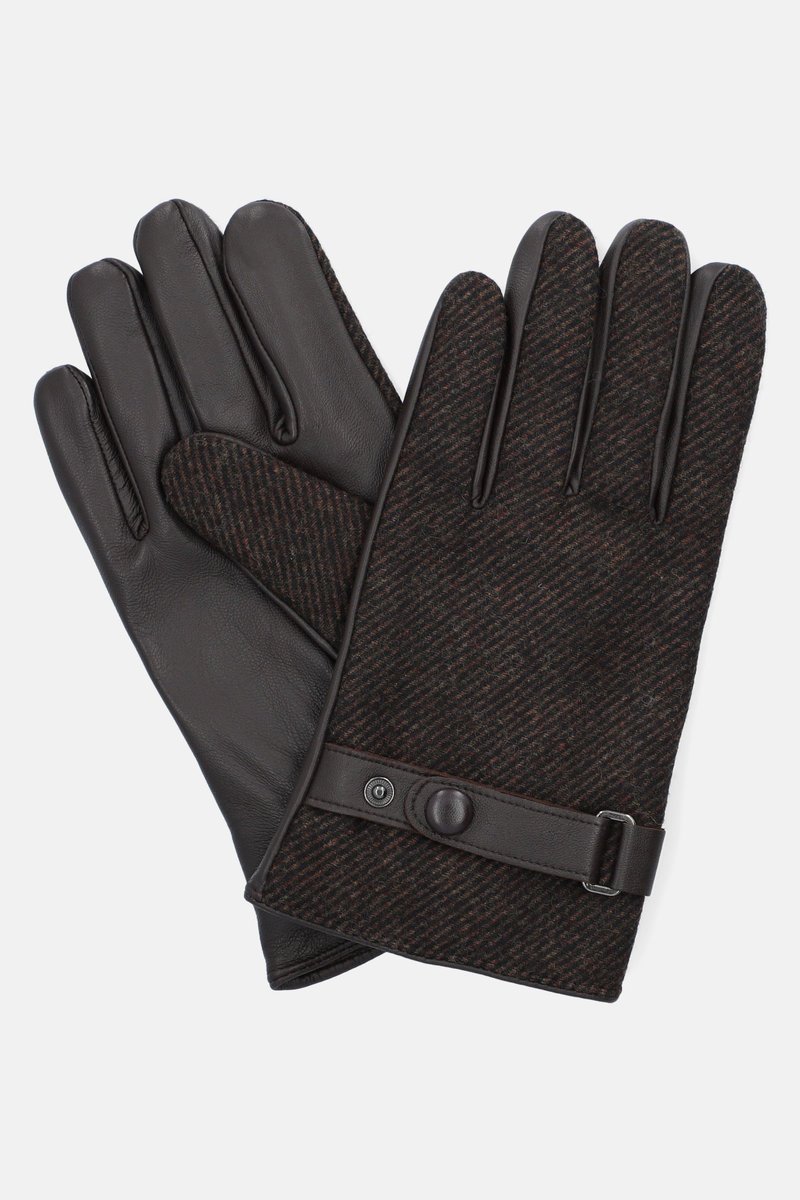 Rękawiczki Brązowe Skórzane z Wełną w Jodełkę Touch