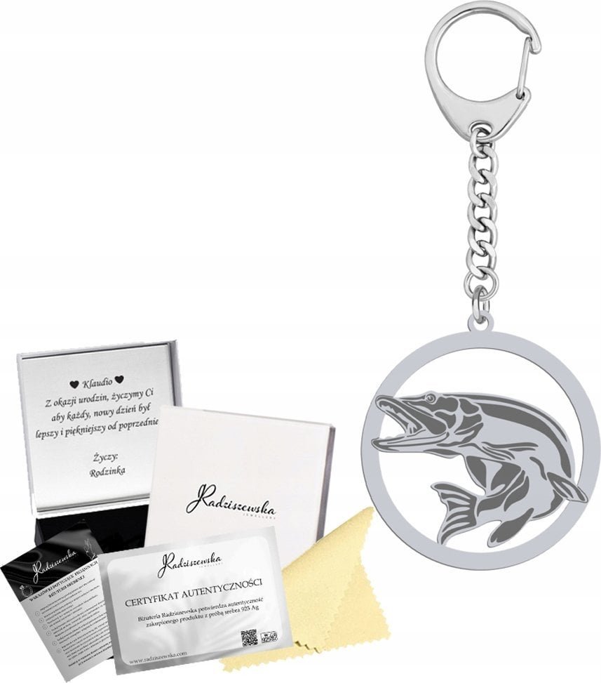 Radziszewska Jewellery Brelok do Kluczy Szczupak Ryba Srebro 925 Grawer Prezent Dedykacja Gratis