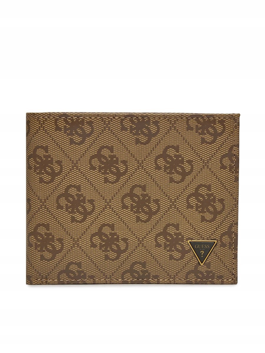 GUESS PORTFEL MĘSKI WZÓR LOGO BRĄZOWY Z ZŁOTYM OZDOBNYM LOGO 12x10x1,5 1GŁA