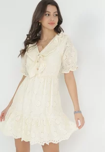 Beżowa Sukienka z Ażurowej Tkaniny z Gumką w Pasie i Falbankami Culissa - Sukienki - miniaturka - grafika 1