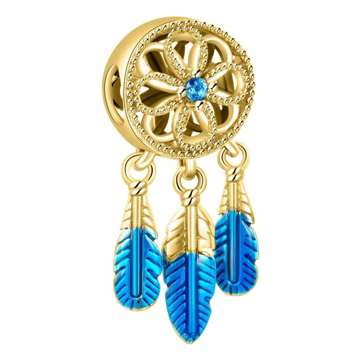 Złoty Charms Niebieski Łapacz Snów z Cyrkoniami Kryształki SREBRO 925