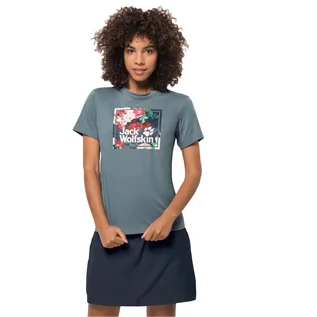 Koszule damskie - Jack Wolfskin T-shirt damski FLOWER LOGO T W teal grey 1808341_6167 - grafika 1