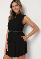 Komplety damskie - Czarny Wiskozowy Komplet Spódnico-Spodenki z Kieszeniami Bluzka ze Szlufkami z Paskiem Mavireina - miniaturka - grafika 1