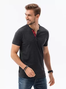 T-shirt męski bez nadruku z guzikami - czarny melanż V4 S1390 - Koszulki męskie - miniaturka - grafika 1
