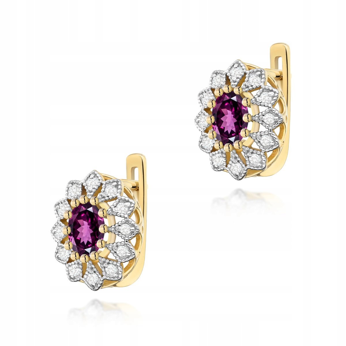 Kolczyki ze złota 585 z rodolitem i diamentami błyszczące nowoczesne 14k